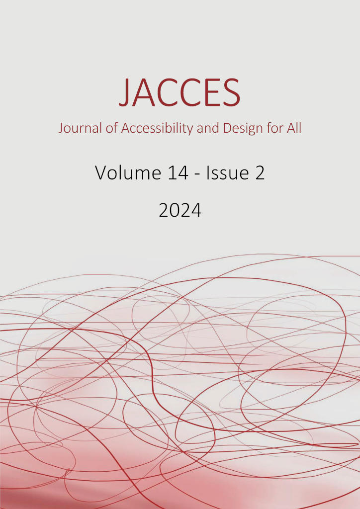 The image covers the "Journal of Accessibility and Design for All" (JACCES). It features the text "Volume 14 - Issue 2" and "2024" centred on the page. The background has a pattern of red, swirling lines concentrated towards the bottom half.