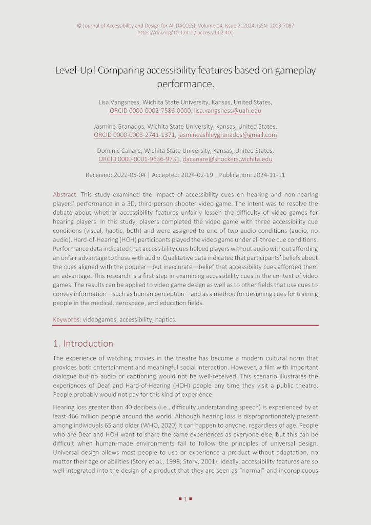 The image shows the first page of the paper “Vangsness, L., Granados, J., Canare, D. (2024). Level-Up! Comparing accessibility features based on gameplay performance. Journal of Accessibility and Design for All, 14(2), 1–15. https://doi.org/10.17411/jacces.v14i2.400”.