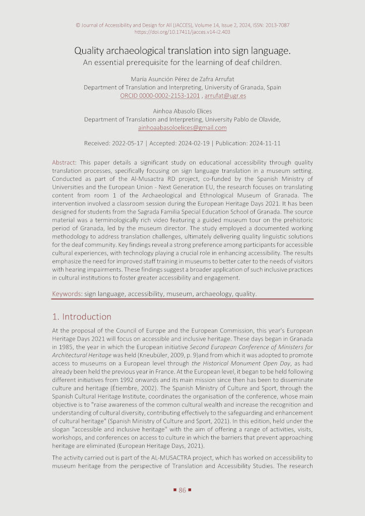 The image shows the first page of the paper “Pérez de Zafra Arrufat, M. A., Abasolo Elices, A. (2024). Quality archaeological translation into sign language. An essential prerequisite for the learning of deaf children. Journal of Accessibility and Design for All, 14(2), 86–97. https://doi.org/10.17411/jacces.v14i2.403”.