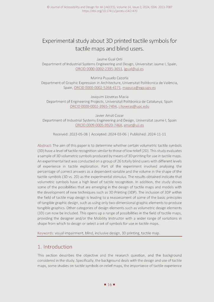 The image shows the first page of the paper “Gual Ortí, J., Puyuelo Cazorla, M., Lloveras Macia, J., Amat Cozar, J. (2024). Experimental study about 3D printed tactile symbols for tactile maps and blind users. Journal of Accessibility and Design for All, 14(2), 16-34.https://doi.org/10.17411/jacces.v14i2.470”.