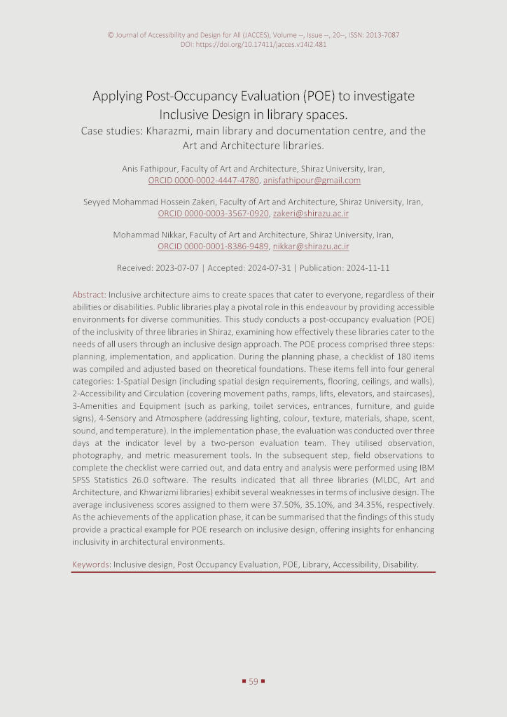 The image shows the first page of the paper “Fathipour A., Zakeri S.M.H., Nikkar M. (2024). Applying Post-Occupancy Evaluation (POE) to investigate Inclusive Design in library spaces. Case studies: Kharazmi, main library and documentation centre, and the Art and Architecture libraries. Journal of Accessibility and Design for All, 14(2), 59–85. https://doi.org/10.17411/jacces.v14i2.481”.