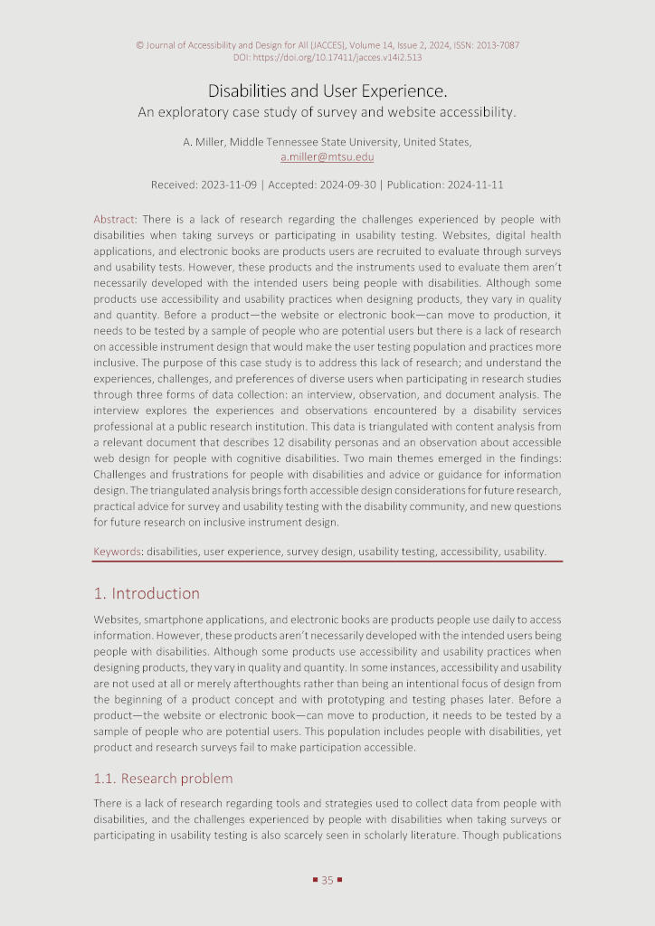 The image shows the first page of the paper “Miller A. (2024). Disabilities and User Experience. An exploratory case study of survey and website accessibility. Journal of Accessibility and Design for All, 14(2), 35–58. https://doi.org/10.17411/jacces.v14i2.513”.