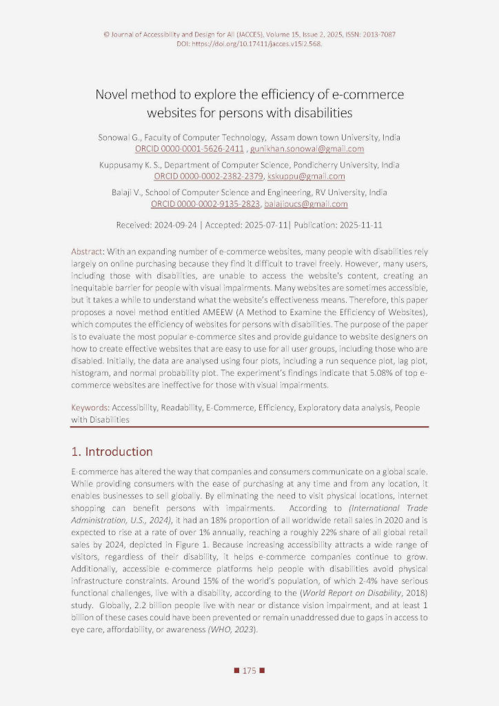 The image shows the first page of the paper “Sonowal G., Kuppusamy K. S., Balaji V. (2025). Novel method to explore the efficiency of e-commerce websites for persons with disabilities. Journal of Accessibility and Design for All, 15(2), 175-194. https://doi.org/10.17411/jacces.v15i2.568.”