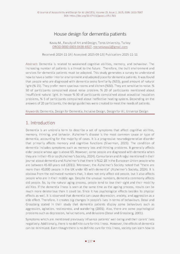 The image shows the first page of the paper “Kavaz M. (2025). House design for dementia patients. Journal of Accessibility and Design for All, 15(2), 137-151. https://doi.org/10.17411/jacces.v15i2.581.”