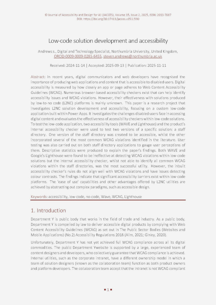 The image shows the first page of the paper “Andrews S. (2025). Low-code solution development and accessibility. Journal of Accessibility and Design for All, 15(2), 1-29. https://doi.org/10.17411/jacces.v15i2.590.”