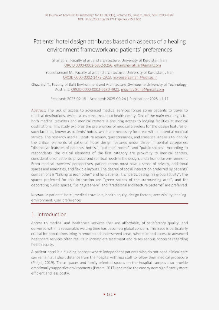 The image shows the first page of the paper “Shariati E.,Yousefzamani M., Ghaznavi T. (2025). Patients’ hotel design attributes based on aspects of a healing environment framework and patients’ preferences. Journal of Accessibility and Design for All, 15(2), 152-174. https://doi.org/10.17411/jacces.v15i2.602.”