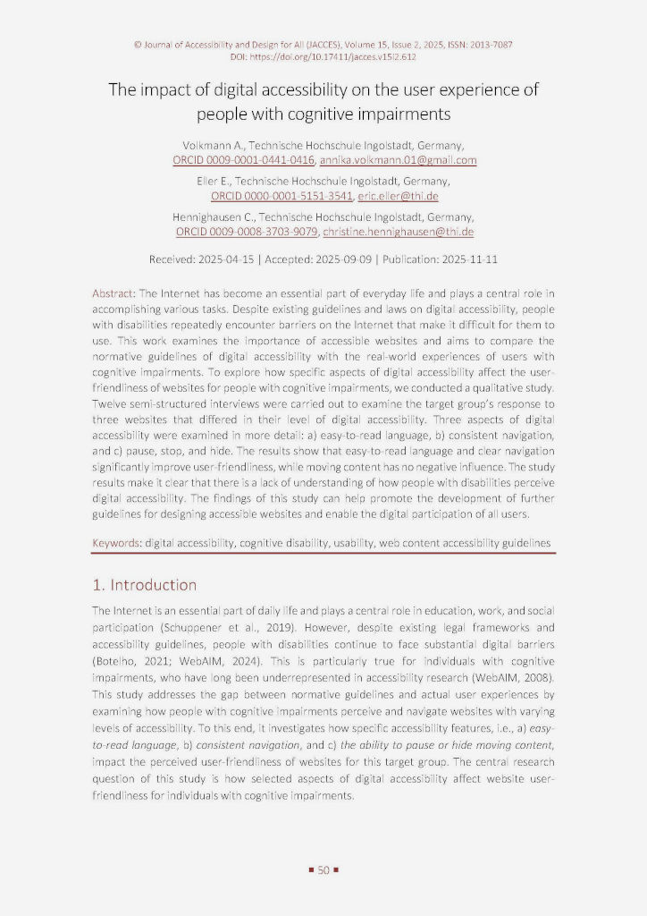 The image shows the first page of the paper “Volkmann A., Eller E., Hennighausen C. (2025). The impact of digital accessibility on the user experience of people with cognitive impairments. Journal of Accessibility and Design for All, 15(2), 50-73. https://doi.org/10.17411/jacces.v15i2.612.”