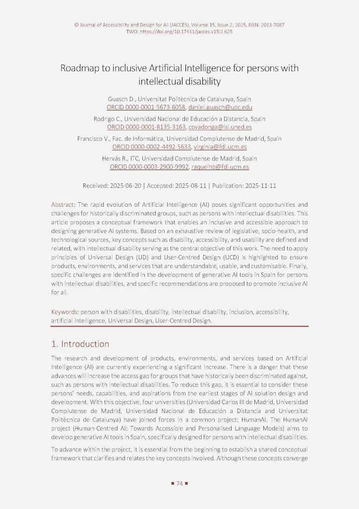 The image shows the first page of the paper “Guasch D., Rodrigo C., Francisco V., Hervás R. (2025). Roadmap to inclusive Artificial Intelligence for persons with intellectual disability. Journal of Accessibility and Design for All, 15(2), 74-96. https://doi.org/10.17411/jacces.v15i2.625.”