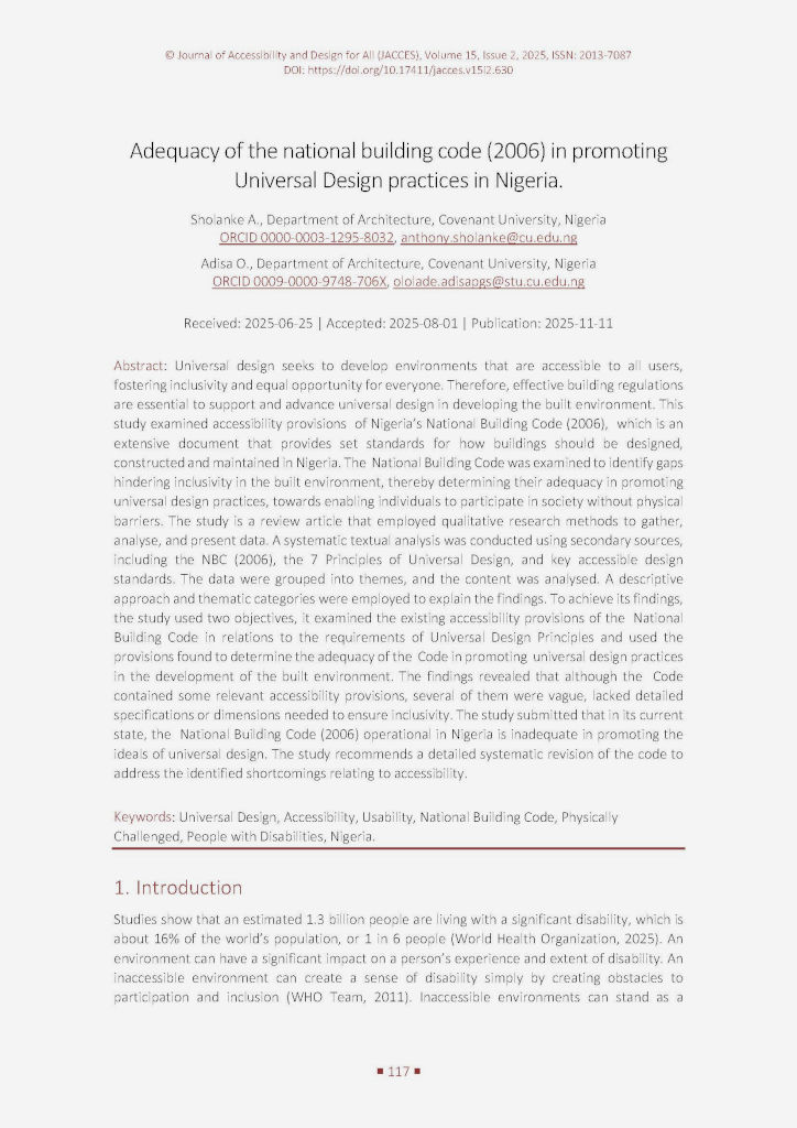 The image shows the first page of the paper “Sholanke A., Adisa O. (2025). Adequacy of the national building code (2006) in promoting Universal Design practices in Nigeria.. Journal of Accessibility and Design for All, 15(2), 117-136. https://doi.org/10.17411/jacces.v15i2.630.”
